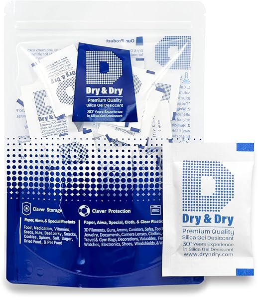 Dry & Dry 2 Gram [100 Packets] Silica Gel Packets Desiccants, Silica Packets - Rechargeable Moisture Absorbers for Food Storage, Electronics, 3D Filament & Safes