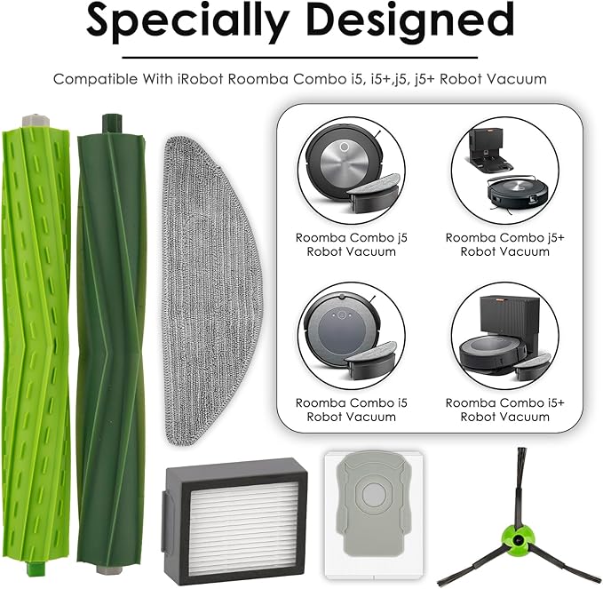 (10 Pack) Combo i5+ Accessories Replacement Parts for iRobot Roomba Combo i5, Combo i5+, Combo j5, Combo j5+, 2 Roller Brushes, 2 Side Brushes, 2 HEPA Filters, 2 Dust Bags, 2 Mop Pads