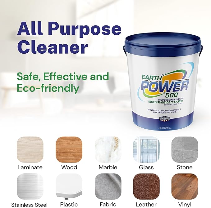 Earth Power Hypochlorous Acid 500 PPM Multipurpose Cleaner – Natural & Non-Toxic – Tile, Refrigerator, Shower, Countertop & Floor Cleaner – Family, Food & Pet Safe Cleaning Supplies – 5 Gallon