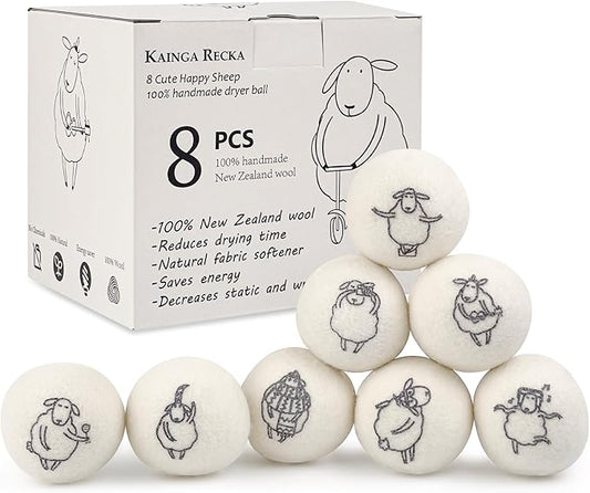Wool Dryer Balls, 8PCS Dryer Balls with Happy Sheep - Natural & Organic, 100% New Zealand Wool Handmade, Chemical-Free Reusable Laundry Balls, Anti-Static Reduce Wrinkles and Save Time