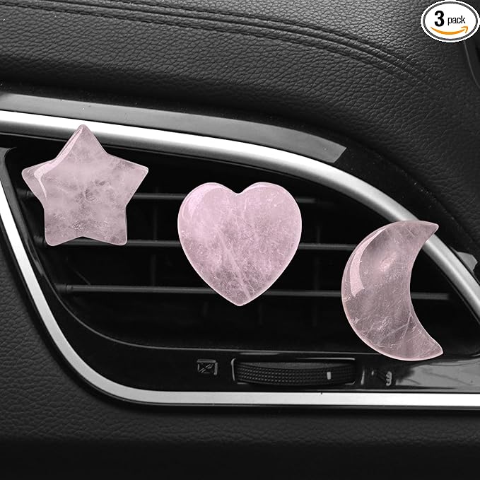 Set of 3 Crystal Stone Car Air Vent Clips, Moon Star Heart Quartz Charm Car Air Freshener Clip, Air Conditioning Outlet Clip, Cute Car Interior Decoration Accessories for Men Women (Pink, Unscented)