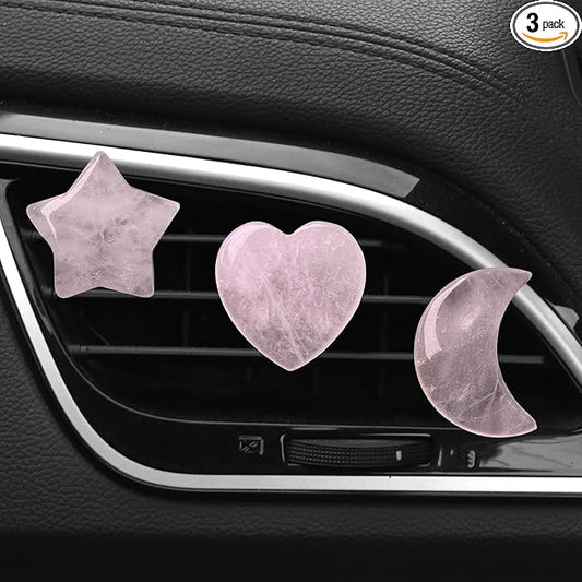 Set of 3 Crystal Stone Car Air Vent Clips, Moon Star Heart Quartz Charm Car Air Freshener Clip, Air Conditioning Outlet Clip, Cute Car Interior Decoration Accessories for Men Women (Pink, Unscented)