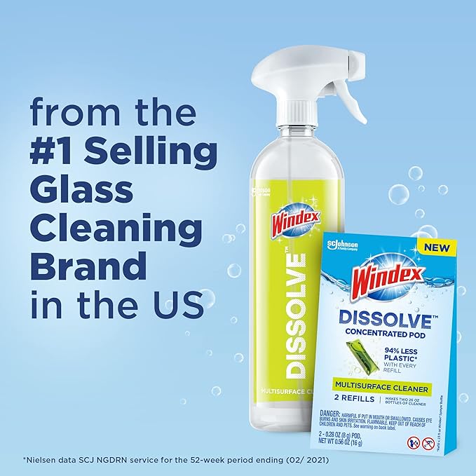 Windex Dissolve Concentrated Pods, Multisurface Cleaner Starter Kit contains 1 Reusable Bottle, 1 Concentrated Dissolvable Pod