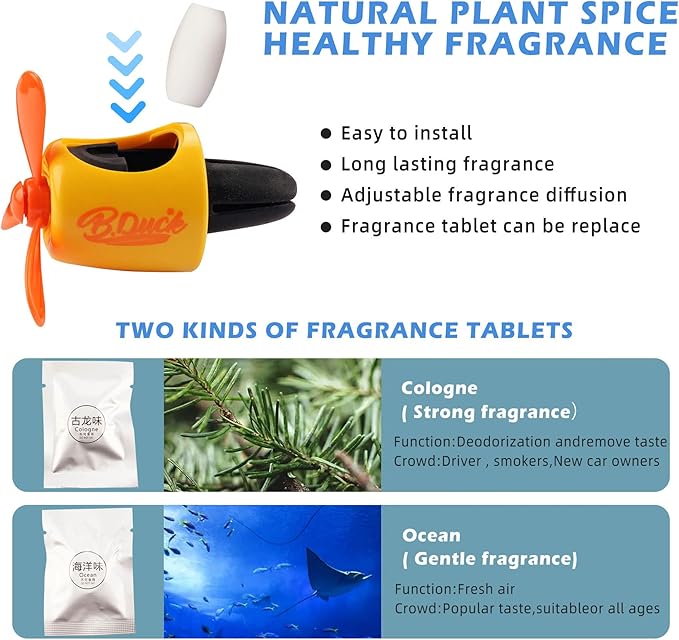 Car Air Freshener Cute Cartoon Yellow Duck Pilot Car Diffuser Rotating Propeller Automotive Air Outlet Fan Creative Car Perfume Decoration Cool Car Accessories Comes with 4 Fragrant Tablets