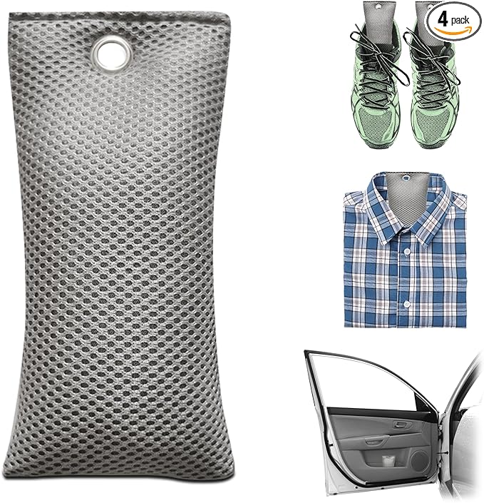 4 Pack charcoal odor absorber,Bamboo Charcoals Air Purifying Bag Charcoals Deodorizer Eliminator for Strong Odors in Car, Closet, Shoe, Basement (75G*4 Pack Gray, Unscented)