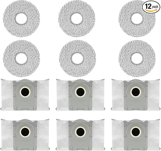 Replacement ECOVACS Accessory 6-Washable Vacuum Mop Cloths / 6-Pack Large Capacity Dust Bags：Compatible with DEEBOT T50 Max/T50 Pro/T50 Omni/T50 Pro Omni/T50 Max Pro Vacuum Cleaner Parts Accessories