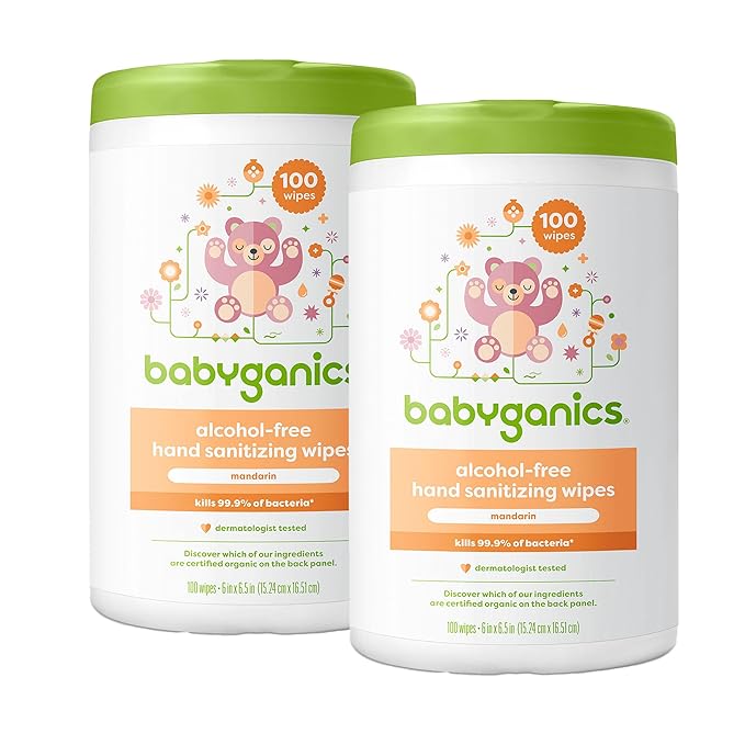 Babyganics Alcohol-Free Hand Sanitizing Wipes, Mandarin, Kills 99.9% of Common Bacteria, Moisturizing, 200 Count, (100 Count, 2 Pack), Packaging May Vary