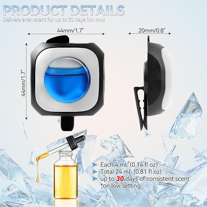 Car Air Freshener Vent Clip 6 Pack 4ml Each Up to 180 Days Long Lasting Scent Odor Eliminator for Women Men(Crystal Ice)