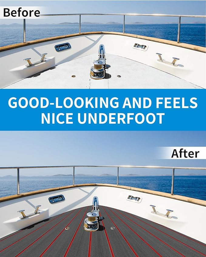 OCEANBROAD EVA Foam Boat Flooring with 3M Adhesive Backing Marine Self-Adhesive Decking 96''x45.6''/36''/28.8''/16.8'', 48''x16.8'' Faux Teak Sheet for Jon Boats Swim Platform Helm Pad RV Floor