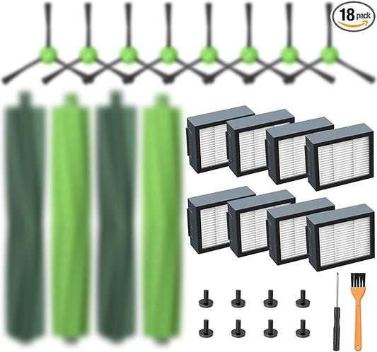 Replacement Parts for iRobot E, I & J Series, Combo i5, j5 Robot Vacuum Accessories Kit Include: 2 Set of Multi-Surface Rubber Brushes + 8 HEPA Filters + 8 Edge-Sweeping Brushes