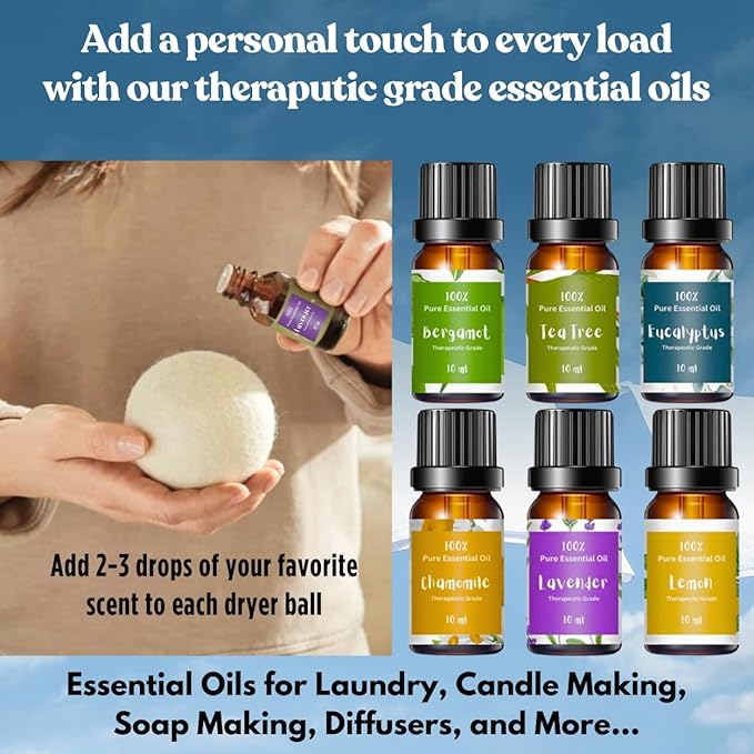 Essential Oils for Laundry, Diffusers, Dryer Balls, Candles, Soaps – 6 Most Used 100% Pure Therapeutic Grade Aromatherapy Oils (6 XL Cat Dryer Balls & Essential Oil Set Bundle)