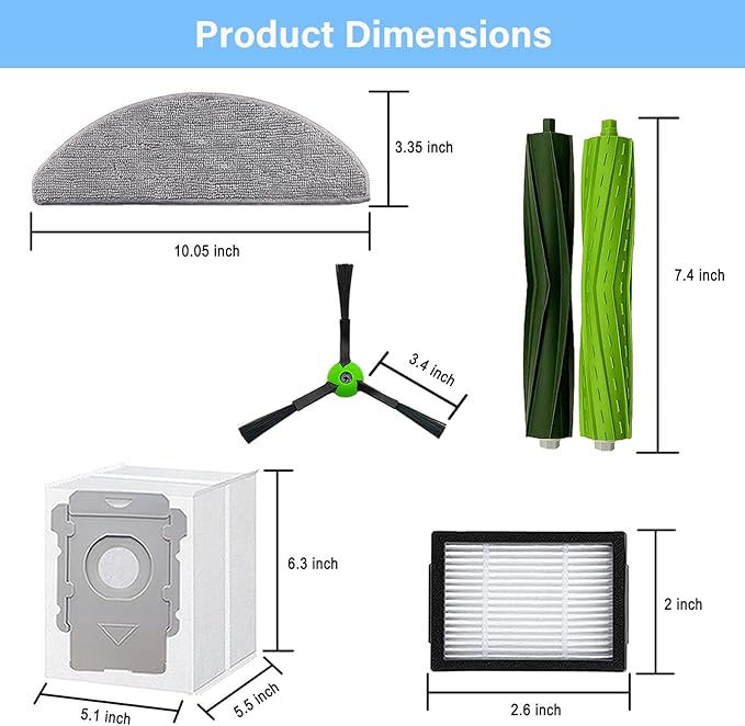 Replacement Parts Accessories for iRobot Roomba Combo i5, i5+, j5, j5+ Robot Vacuum Cleaner, 1 Set of Roller Brush & 4 Filters & 4 Mop Pads & 4 Vacuum Bags & 4 Side Brushes