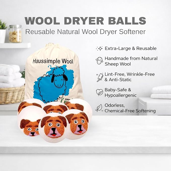 Wool Dryer Balls 6-Pack 100% Natural New Zealand Wool, Handmade in Nepal Reusable Laundry Balls, Faster Drying, Softer Clothes, Anti-Static, Dryer Sheets Alternative (Orange Dog)