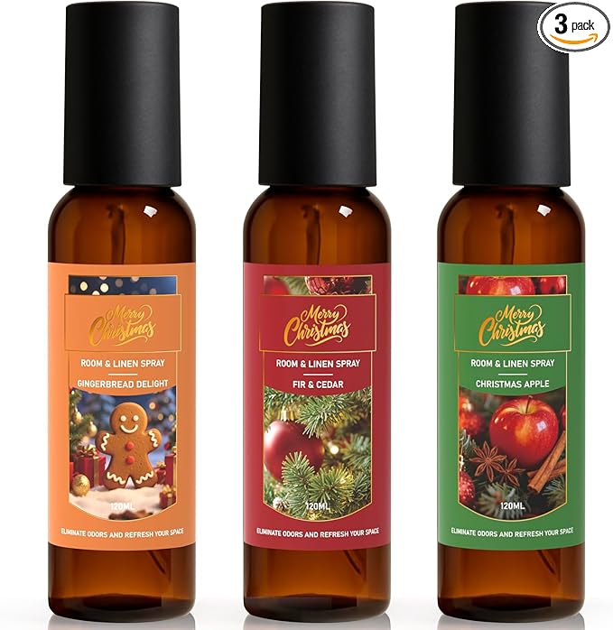 Linen and Room Spray, Fir & Cedar, Gingerbread, Christmas Apple, Long-Lasting Air Freshener for Home, Bedding, Concentrated Room Fragrance Spray, Odor Eliminator, 3 x 4.06 fl oz