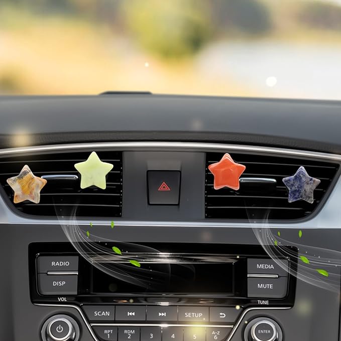 Boho Car Decor,4pcs Stars Car Air Freshener Vent Clips,Natural Stone Crystals Air Vent Clips,Hippie Decorations Accessories for Women,Best Wishes for Lover Friends
