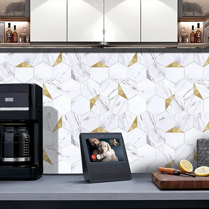 Peel and Stick Backsplash for Kitchen,New Upgrade Premium Hexagon Peel and Stick Backsplash, Seamless Backsplash Tile for Bathroom,（10-Sheet Carrara White Marble and Metal Gold）