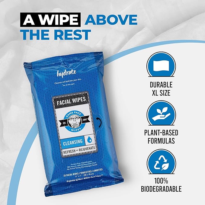 Game Face Grooming Cleansing Wipes - 25 Hydrating Facial Wipes (6 Pack) | On-The-Go, Lightly Scented, Rejuvenating, Eradicates Sweat | Perfect for Athletic, Sport, Travel, Camping, Festivals, Any Need