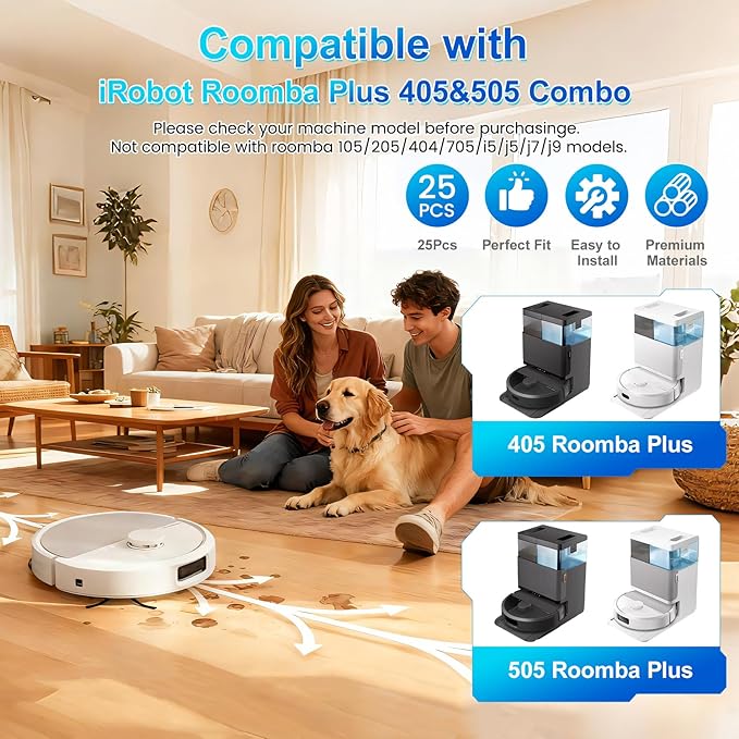 Replacement Parts for iRobot Roomba Plus 405/505 Combo Robot Vacuum and Mop,25 Pcs Accessories Kit:2 Main Brushes,6 Dust Bags,4 Filters,6 Mop Pads,6 Side Brushes,1 Cleaning Brush(25)