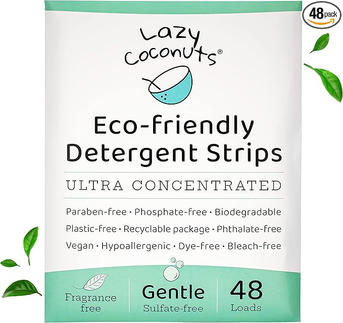 LAZY COCONUTS Laundry Detergent Sheets - Sulfate-free, Gentle - For Sensitive Skin, Baby, Hand Wash - Eco Friendly, Natural, Hypoallergenic, Sulfate Free, Fragrance Free, Unscented Laundry Soap