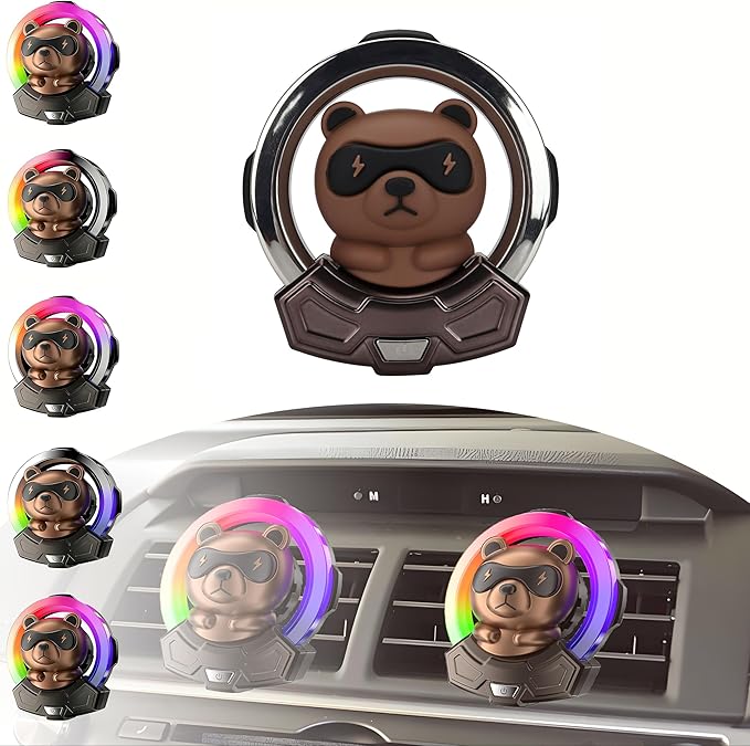 Cartoon Bear Cute Air Freshener for Car,7 Colors Air Vent Clips Car Decorations with 5 Dynamic Lightings,Voice Control,USB Charging Cute Vent Clips Car Accessories