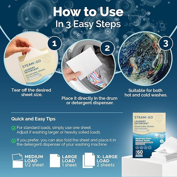 Steam & Go 3-in-1 Dissolvable Laundry Detergent Sheets - Hypoallergenic & Fragrance-Free - Unscented, 30 Count
