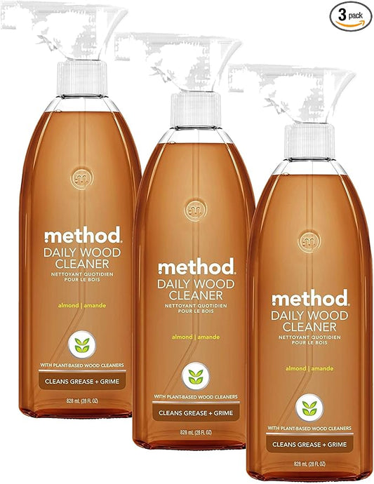 Method Daily Wood Cleaner,Almond,Cleans Shelves,Tables and Other Wooden Surfaces While Removing Dust & Grime,28 oz Spray Bottles,(Pack of 3)