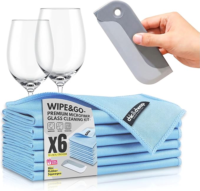Wipe&Go Streak-Free Glass Cleaning Kit – 6 Diamond-Weave Microfiber Towels (12x16 in) & Mini Rubber Squeegee – Lint-Free Polishing Set for Windows, Mirrors, Car Windshields & Kitchen Sinks