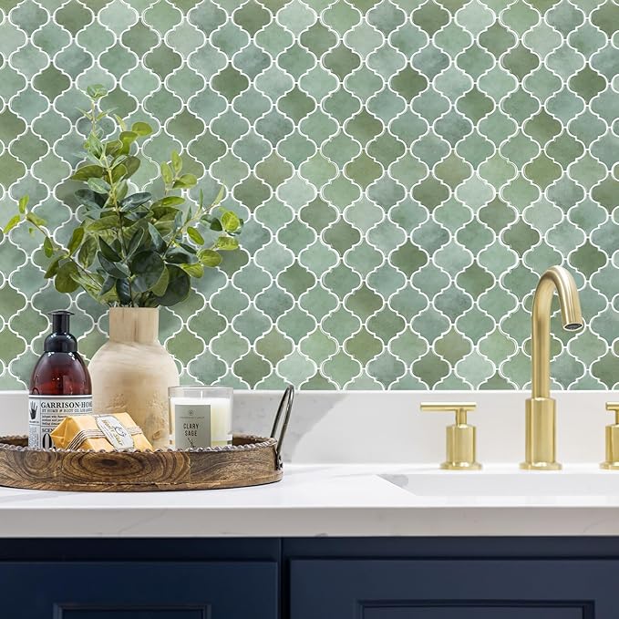 Arabesque Peel and Stick Backsplash for Kitchen, Thicker Design 3D Self Adhesive Wall Tiles, 12"x12" Peel and Stick Wall Tiles, Mix Green 10-Sheet Stick on Tile for Kitchen and Bathroom.