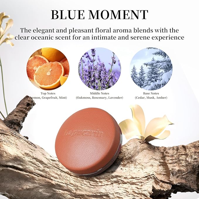 Car Air Freshener Vent Clip Fragrance Long Lasting Auto Odor Eliminator - Made with Natural Plant Extracts - Mocha Brown Leather Diffuser with 2 Pieces Blue Moment Scent Refills