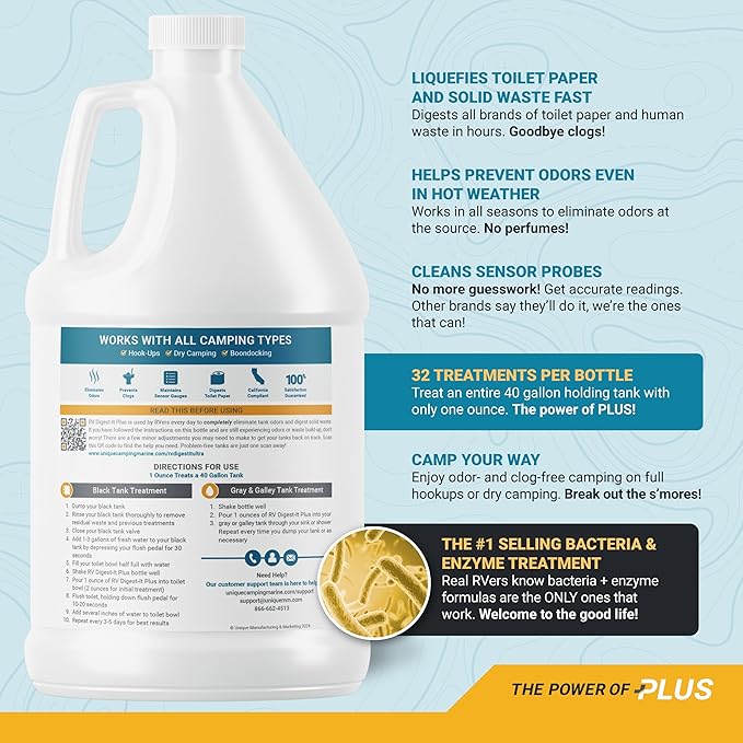 Unique RV Digest-It Ultra RV Toilet Treatment Refill, 128 Uses, Super Concentrated - Eliminates Smells and Liquifies Waste, Easy-Measure Extra-Strength Bio-Enzymatic Holding Tank Treatment (128 oz)