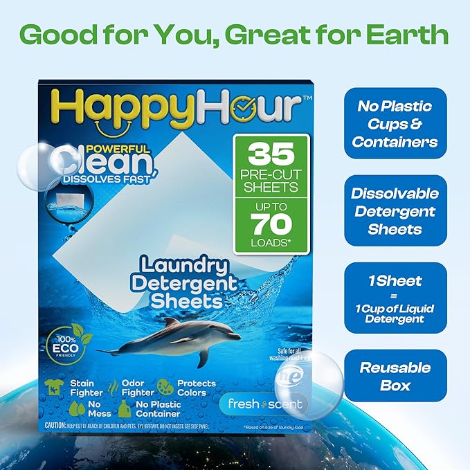 HAPPY HOUR Laundry Detergent Sheets Fresh Scent – 70 Loads, Eco Friendly, Liquidless Soap, Travel Friendly for Hot & Cold Cycles, Fights Tough Stains & Odors, Hypoallergenic for Sensitive Skin