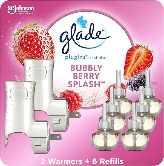 Glade PlugIns Refills Air Freshener Starter Kit, Scented and Essential Oils for Home and Bathroom, Bubbly Berry Splash, 4.02 Fl Oz, 2 Warmers + 6 Refills