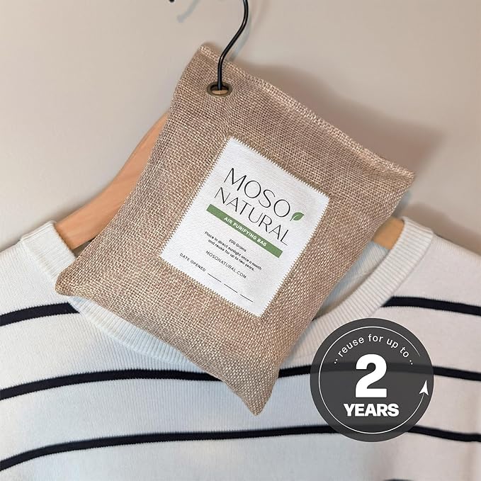 Moso Natural Air Purifying Bag 200g (5 Pack) A Scent Free Odor Eliminator for Cars, Closets, Bathrooms, Pet Areas. Premium Moso Bamboo Charcoal Odor Absorber (Natural Beige)