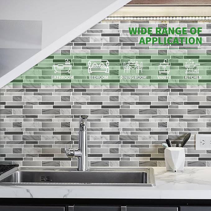 LONGKING Peel and Stick Backsplash Tile for Kitchen, Stick on Tile on Wall, Bathroom (Grey Marbling)