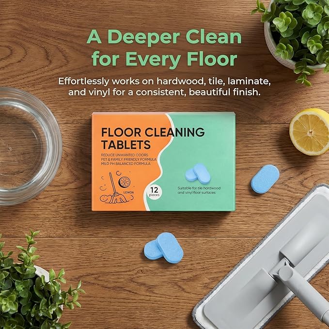 Floor Cleaning Tablets, Multi-Surface Floor Cleaner Solution with Mopping for Bathroom, Kitchen, Floors & Tile, Lemon Scent (12 pcs) (2)