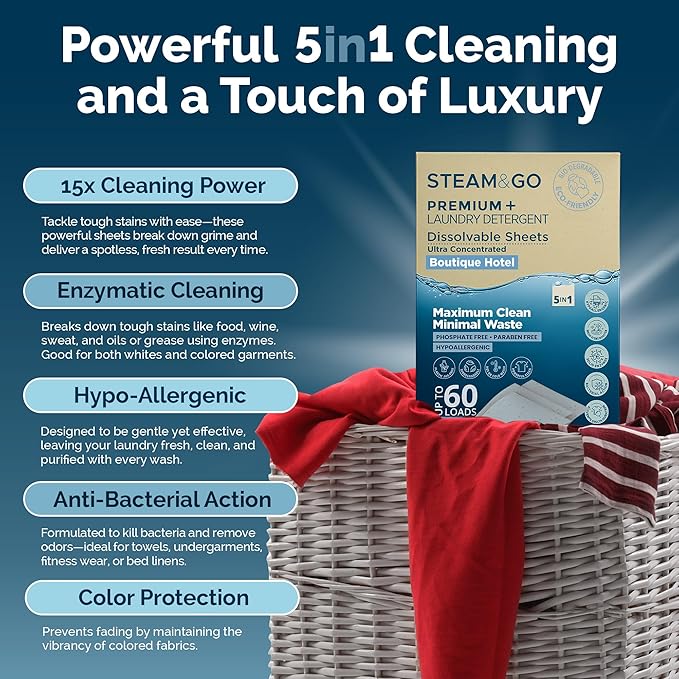 Steam & Go 5-in-1 Premium+ Dissolvable Laundry Detergent Sheets - Boutique Hotel Scent, 30 Count