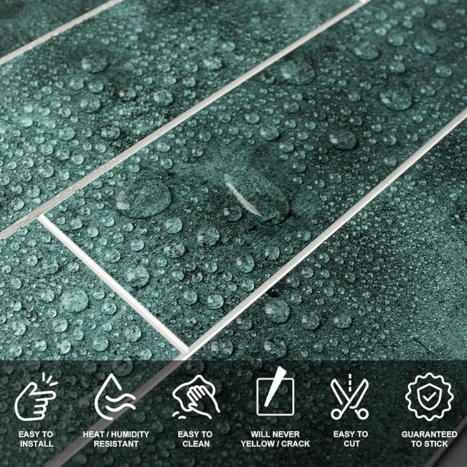 24-Pieces Peel and Stick Tiles for Kitchen Backsplash, New Upgrade Design 12" x 3"SPC Subway Backsplash Tiles, Marble Green Premium Finger Tiles（Green）.