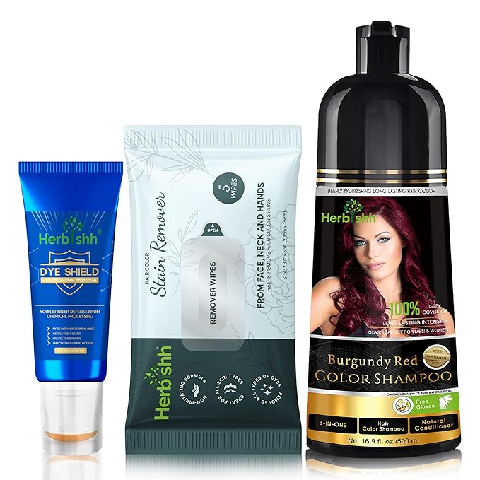 Herbishh Hair Color Shampoo for Gray Hair Burgundy 500 ML - Dye Shield or Defender - Hair Color Stain Remover Wipes - Travel Pack With 5 Wipes