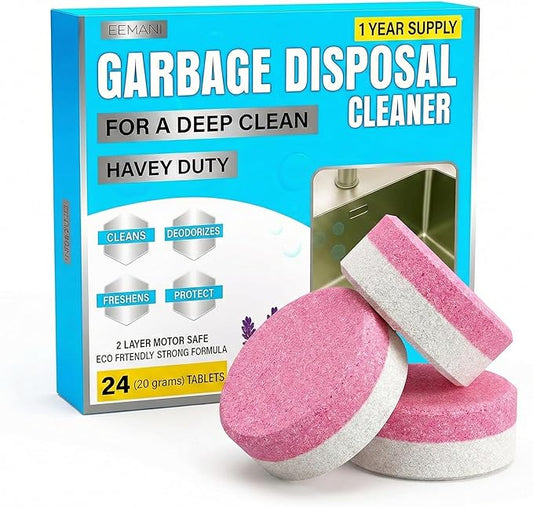 EEMANI Garbage Disposal Cleaner Tablets 24 Pack – 20g Large Foaming Lavender Scent, Sink & Drain Freshener for Kitchen, Deep Cleaning – 1 Year Supply