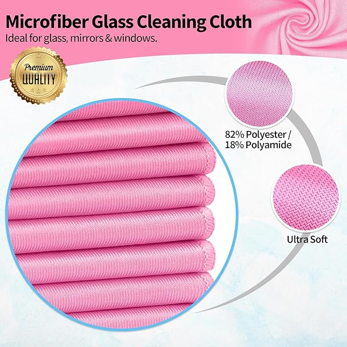 HOMERHYME Microfiber Cleaning Cloth - 6 Pack Glasses Cleaning Cloth, 16" x 14" Window Cleaning Rags, Streak Free Lint Free Polishing Cloths Wipes for Eye Glass, Stainless Steel, Windshield, Pink