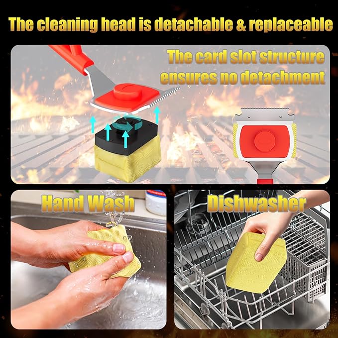 Grill Brush Bristle Free with Scraper, 22" Extra Long Outdoor BBQ Replaceable Cleaning Head, Safe Barbecue Cleaner Tool for Cast Iron or Stainless-Steel Grates