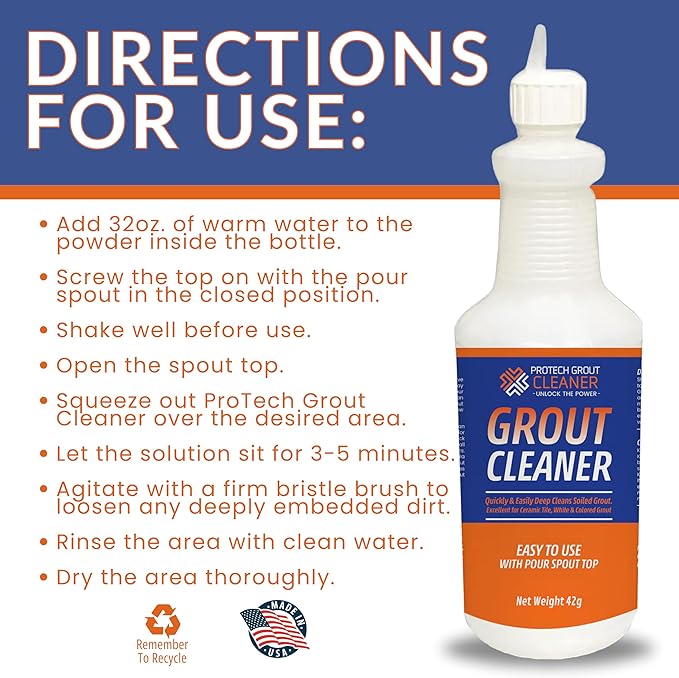 ProTech Grout Cleaner & Stain Cleaner - 32 Ounce After Adding Water - Heavy Duty Grout Stain Remover for Tile Floors, Showers, bathroom grout & Kitchens. Non-Toxic & Safe, Best for Deep Cleaning