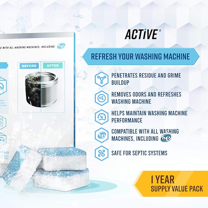 ACTIVE Washing Machine And Disposal Cleaning Tablets 48 Pack - Includes 12 Month Supply Garbage Disposer Freshener & Washing Machine Descaler Deep Cleaning Tablets - 48 Tablet Combo