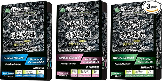 Treefrog Black Squash, White Peach, New Car scent, Charcoal Car Air freshener 3-pack Assorted, last long with Generously Large size content 200g.