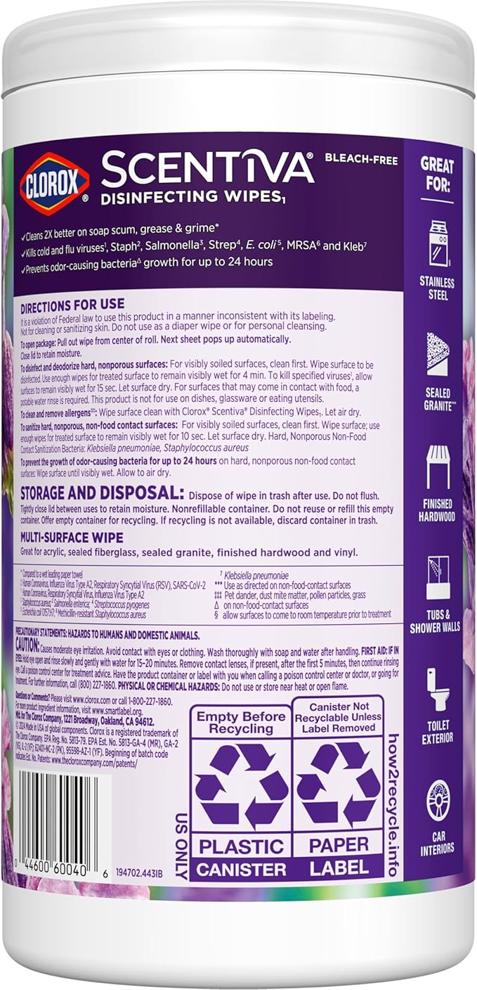 Clorox Scentiva Disinfecting Wipes, Lavender and Jasmine, 75 Count (Package May Vary)