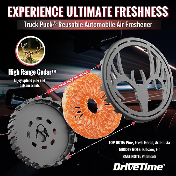 Drive Time Truck Puck High Range Cedar Fragrancee Car Air Freshener – Long-Lasting Car Deodorizer, Refillable Vent & Visor Clip Auto Air Freshener for Car, Truck & SUV, Premium Fragrance, Pack of 3