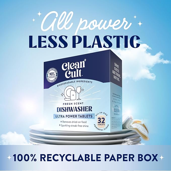Cleancult Ultra Power Dishwasher Detergent Pods for Sparkling Streak-Free Shine, All-In-One, No Plastic Waste, 96 Count