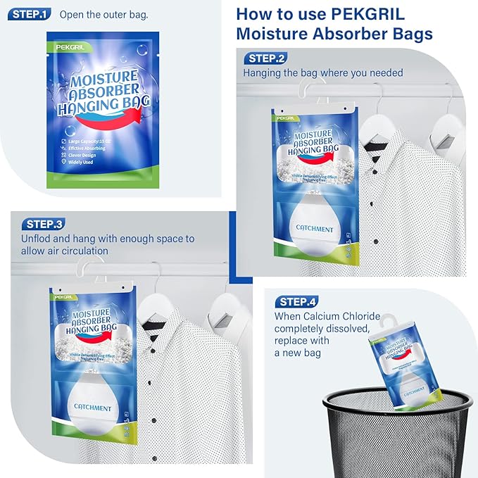 PEKGRIL Moisture Absorber Bags 10 Packs, 15 oz Hanging Dehumidifier Bags, Humidity Packs for Closet, Bathroom, Kitchen, 420g/Pack