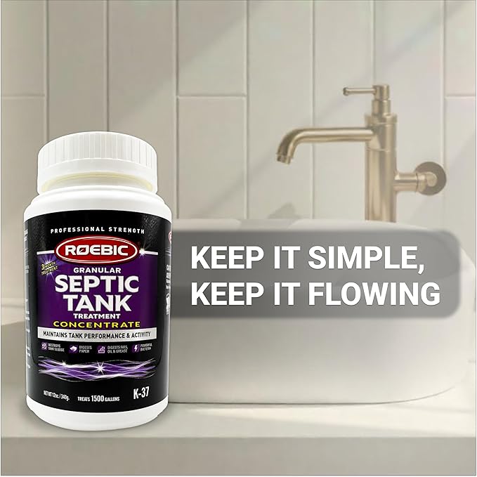 Roebic K-37 Granular Septic Tank Treatment, Bacterial Enzyme Formula for Clog Prevention, Odor Control, Safe for Bathroom, Toilet, Treats 1500 Gallons, 12 oz Concentrate Bottle