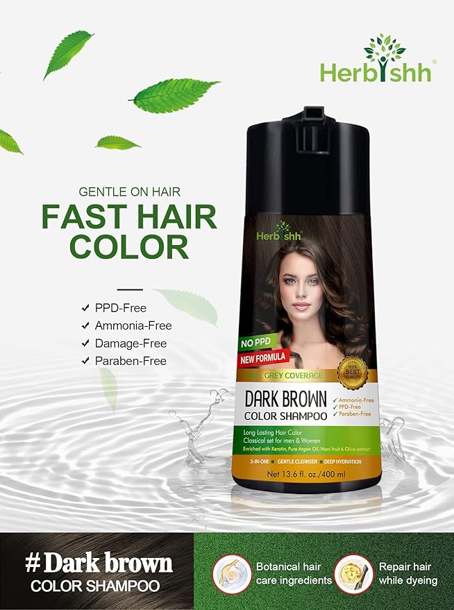 Herbishh Hair Color Shampoo for Gray Hair Dark Brown 400 ML - Dye Shield or Defender - Hair Color Stain Remover Wipes - Travel Pack With 5 Wipes